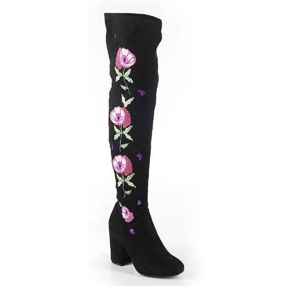 Carlos Santana Shoes - Carlos Santana black velvet knee boots floral 8